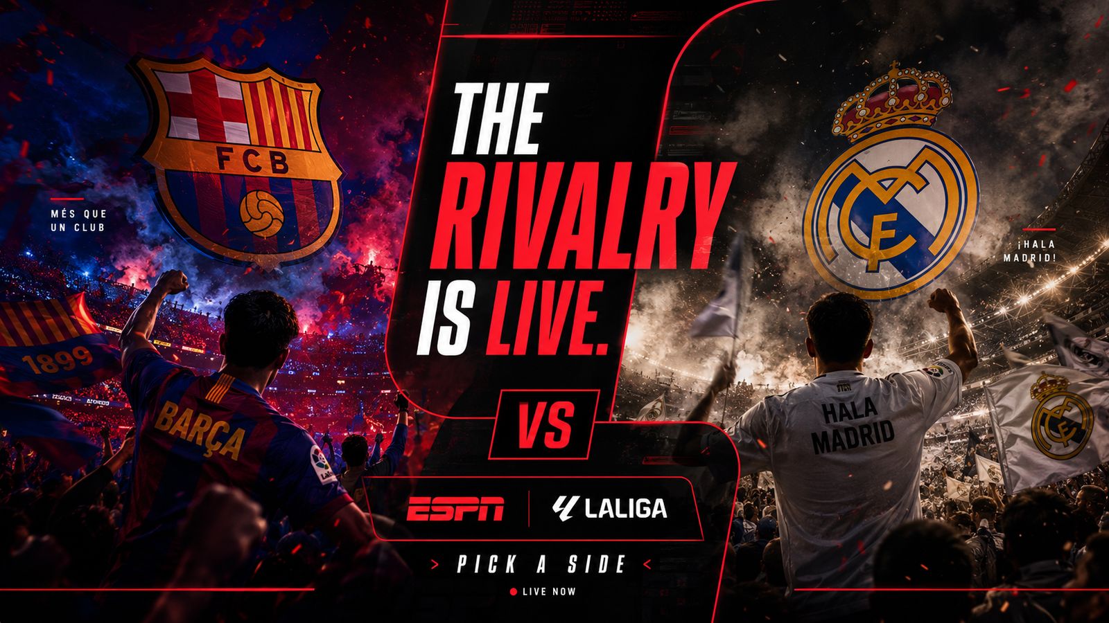 ESPN x LaLiga The Rivalry Is Live campaign hero: FC Barcelona and Real Madrid fans split across one frame