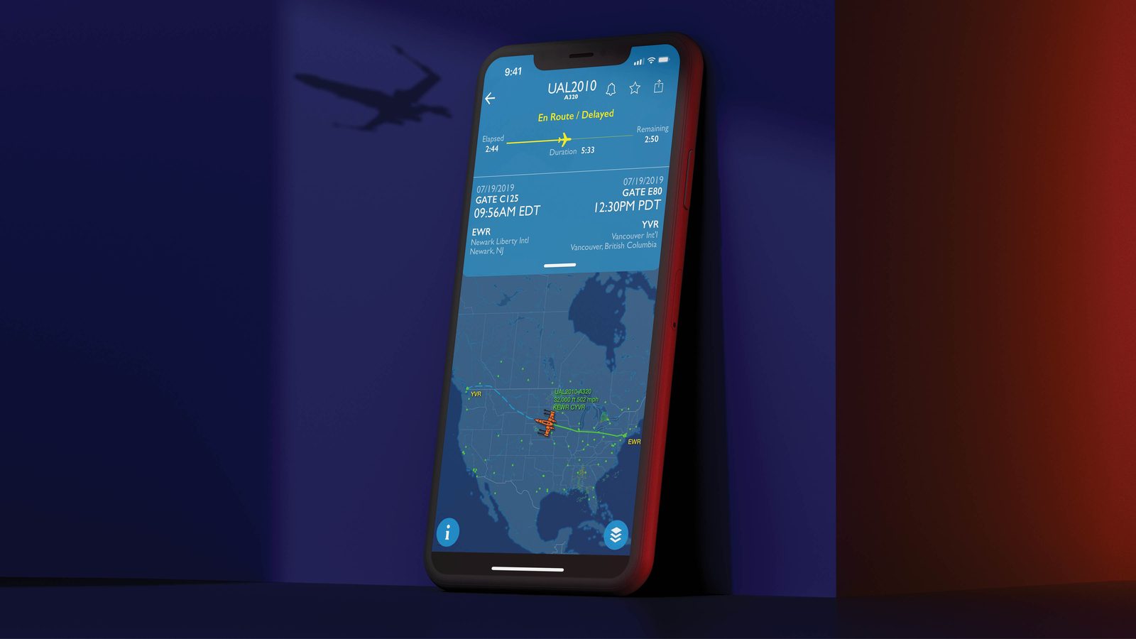 United Airlines Star Wars Flight Tracker app on a phone, X-wing icon tracking a flight